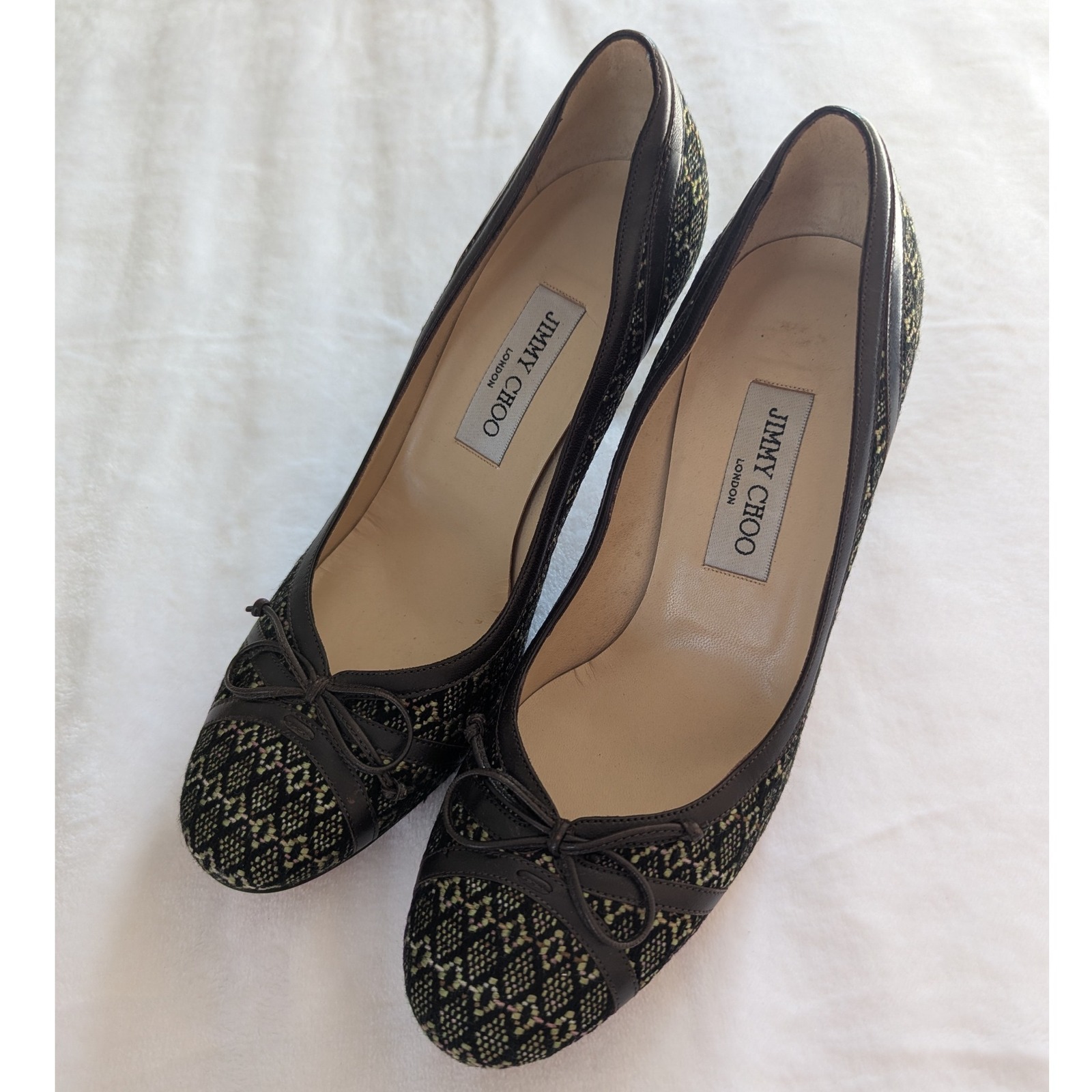 Jimmy Choo London Juniper Tweed Black Textured Bow Ballet Heels Pumps Sz 38.5
